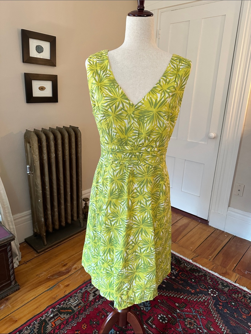 Boden Yellow Green Citron Tropical Floral Cotton V-Neck Dress